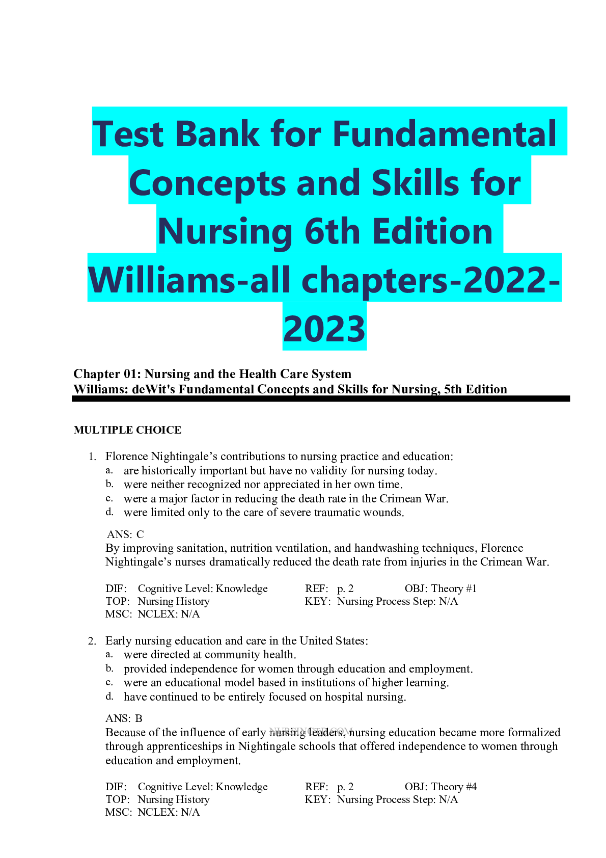 Preview image for Test Bank for Fundamentals of Nursing 10th Edition by Taylor Chapter 1-47 | Complete Guide Newest Version 2023